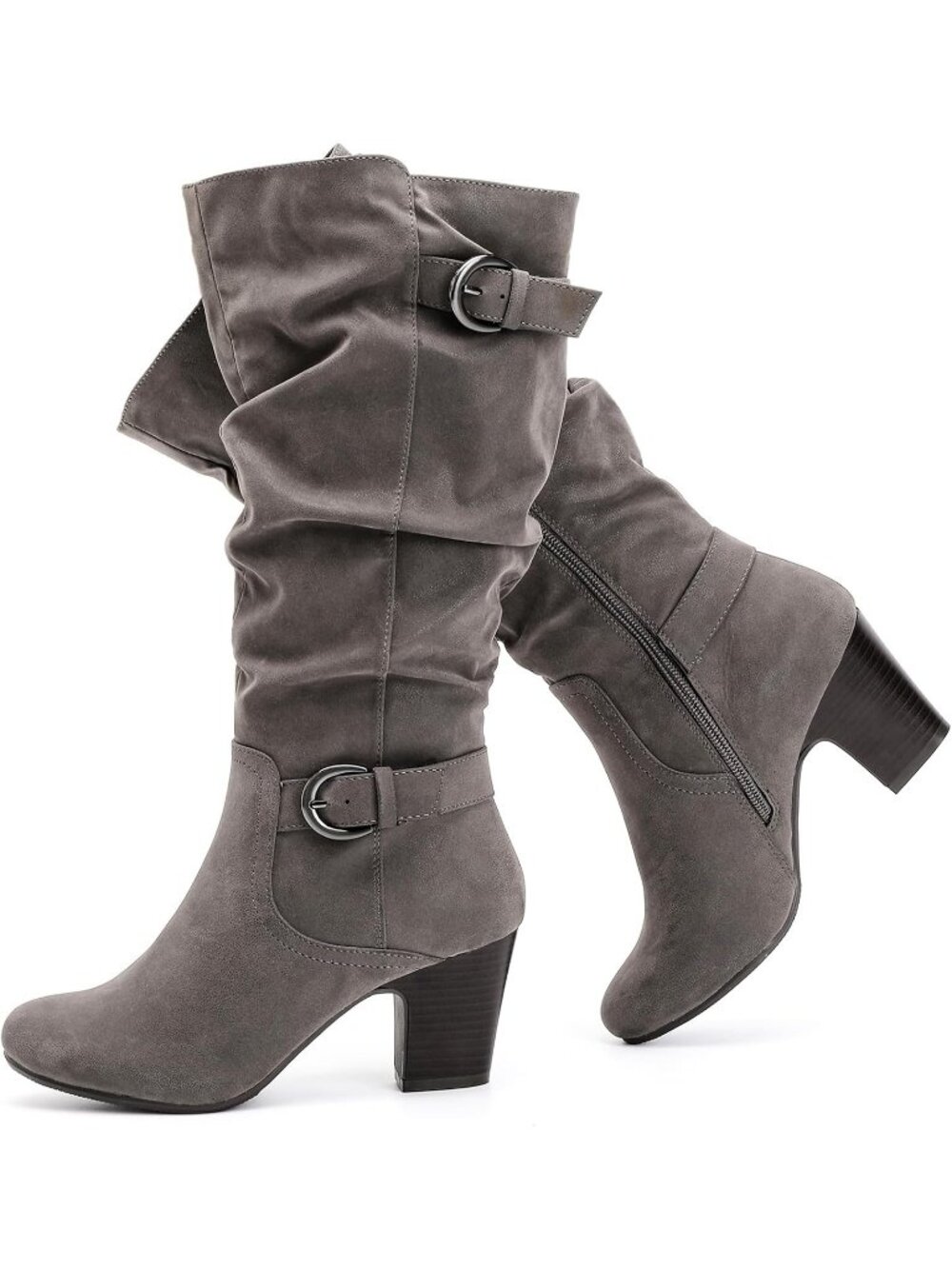 Women's Grey Pu Knee High Boots Heeled Boots Chunky Heel Slouchy Round Toe